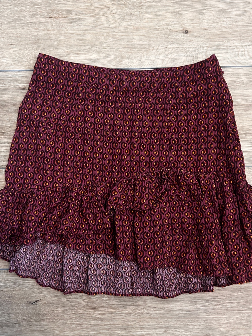 Free People Burgundy and Black Geometric Ruffle Hem Skirt